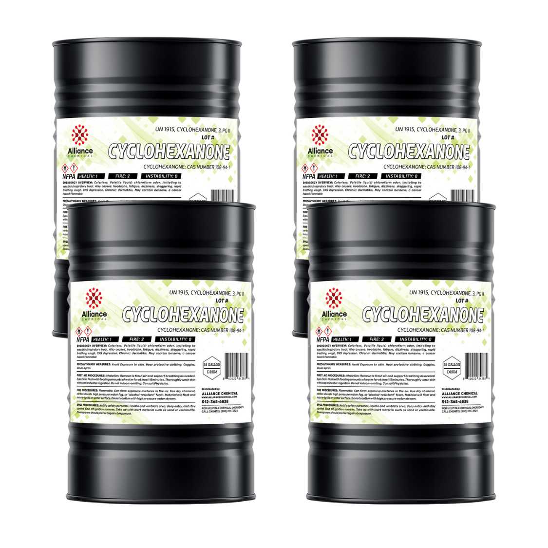 55-gallon drums of Cyclohexanone ACS Grade, UN 1915, featuring NFPA diamond (Health 1, Fire 2, Instability 0), Alliance Chemical branded label with hazard warnings and CAS identifiers.